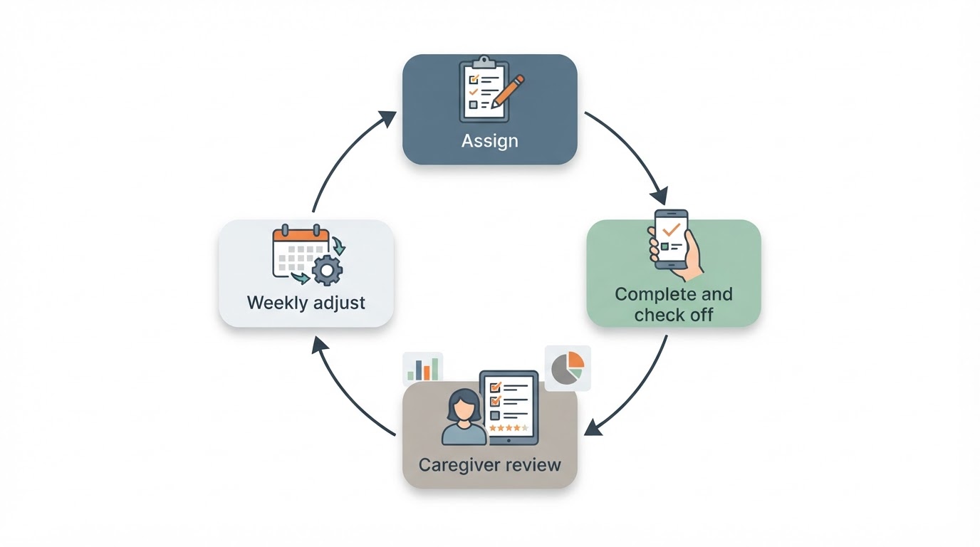 Workflow diagram for shared to-do list app where kids can check off their own chores.