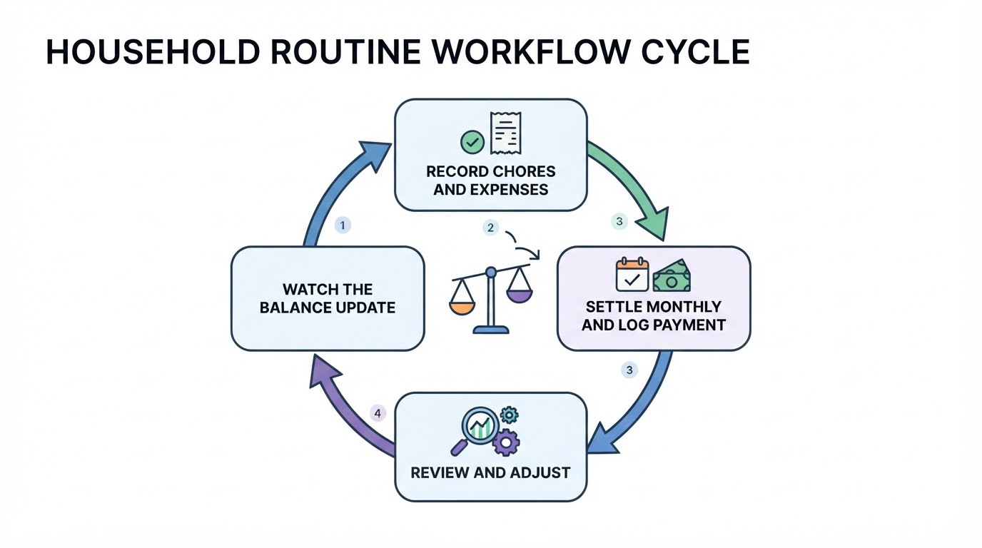 Workflow diagram for all in one household app for splitting chores and tracking shared expenses with roommates.