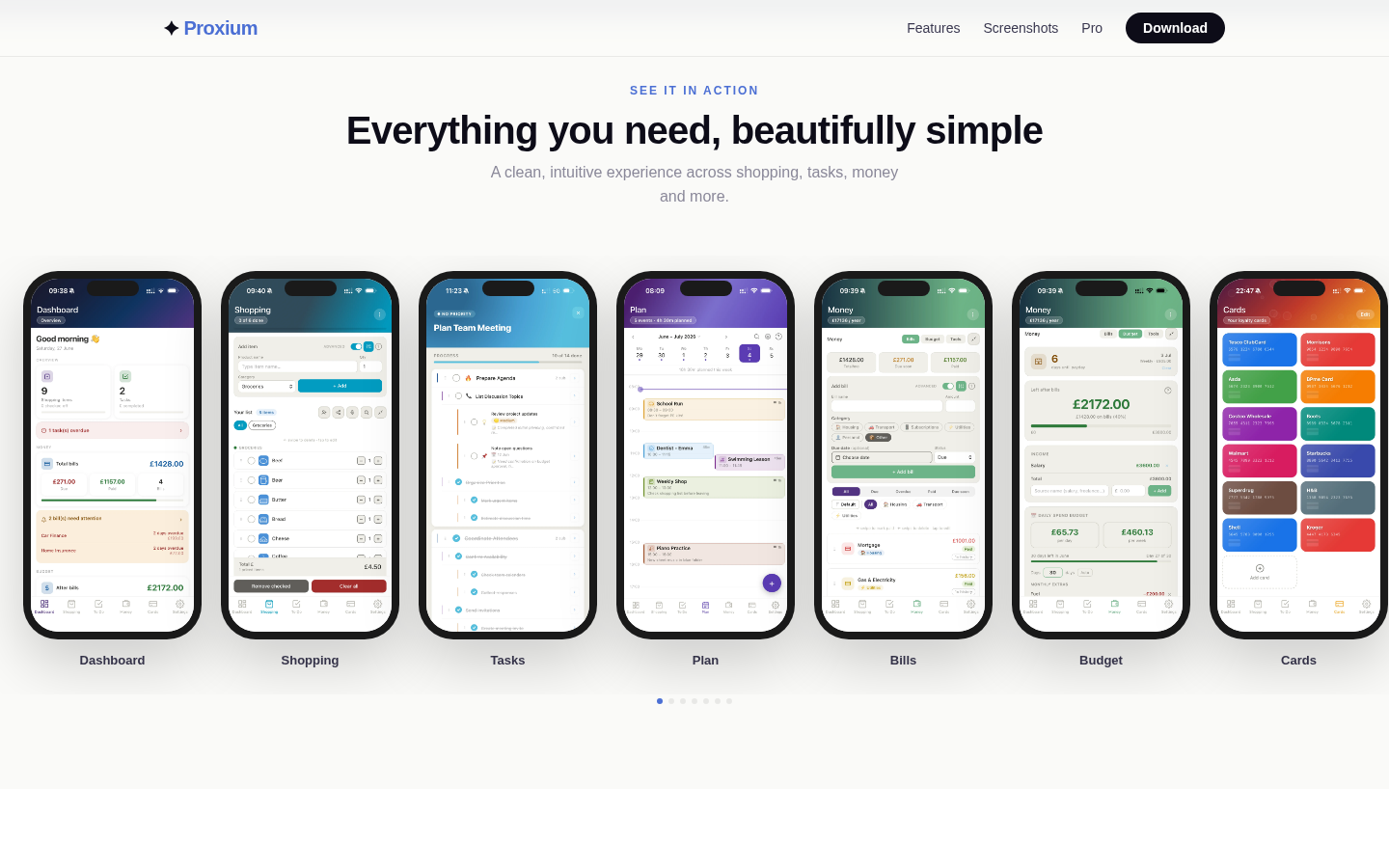 'See it in action' / 'Everything you need, beautifully simple' section showing 7 phone mockups: Dashboard, Shopping, Tasks, Plan, Bills, Budget, Cards. Each mockup shows in-app UI