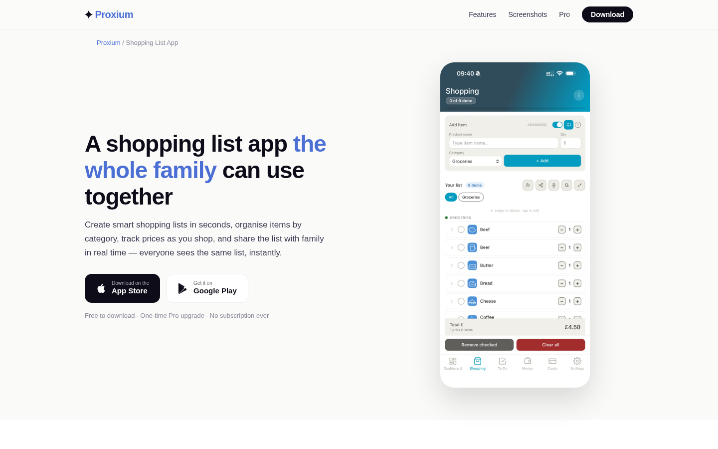 Feature landing page for shopping list app with family sharing, quantities, categories, and prices.