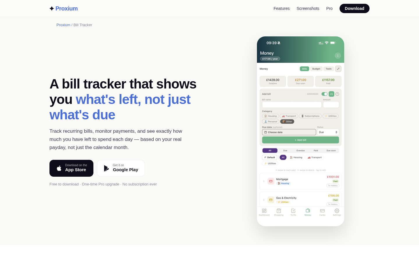 Feature landing page for bill tracking and budget planning with recurring bills, salary cycles, and daily remaining budget.
