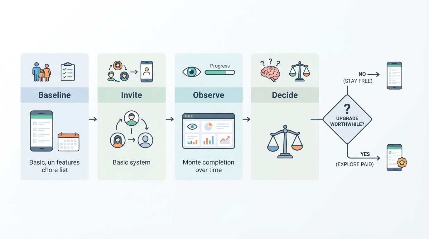Workflow diagram for free vs paid family chore apps worth upgrading for.